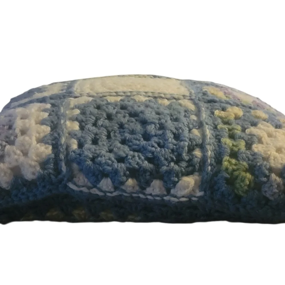 Crocheted Granny Square Pillow Vibrant Colors Decorative Cozy 13.5" Sq. - Picture 4 of 7